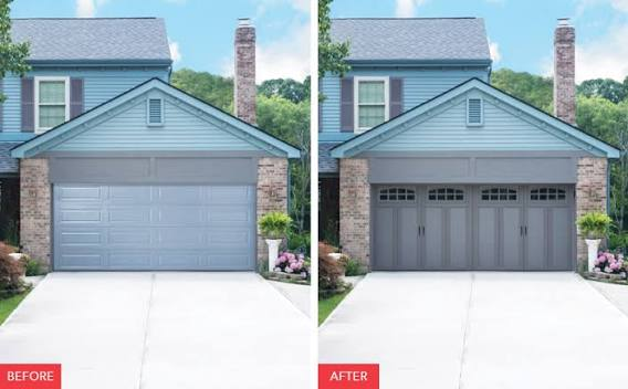 Before and after garage door replacement upgrading to a carriage-house style door with arched windows