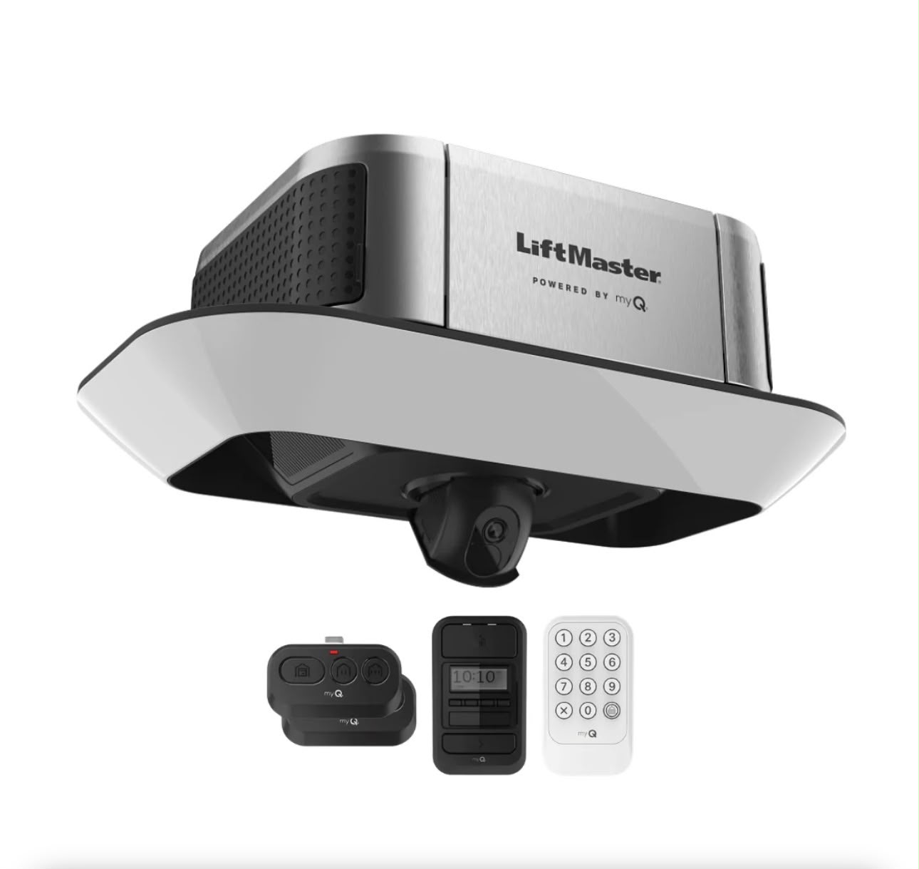 LiftMaster garage door opener powered by myQ shown with wall control, wireless keypad and remote accessories