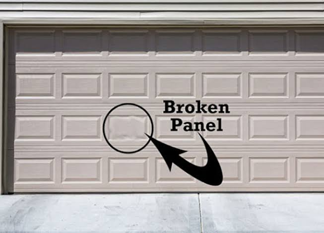 Garage door panel marked Broken Panel with a damaged second-row section highlighted for repair