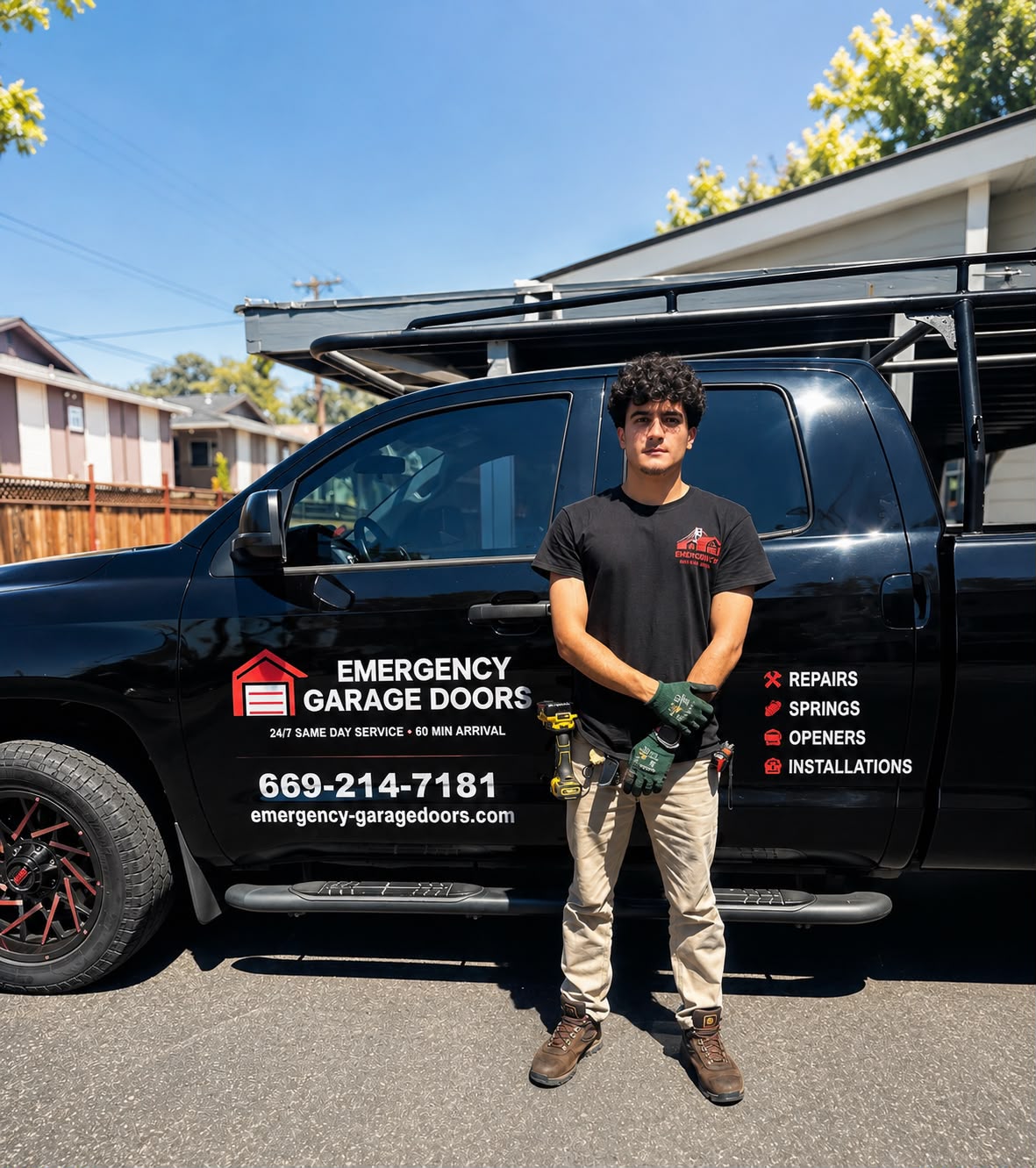 Emergency Garage Doors technician standing in front of the company service truck in Salinas